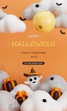 3d Happy Halloween background with text. white ghost cute with giftbox on cloud Stock Illustration