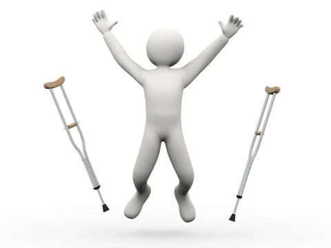 3d happy man jumping throwing crutches Stock Illustration