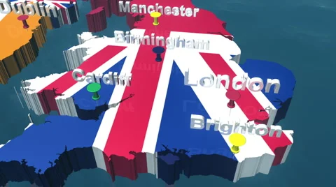 3D HD United Kingdom Map with Names Stock Footage 6502695