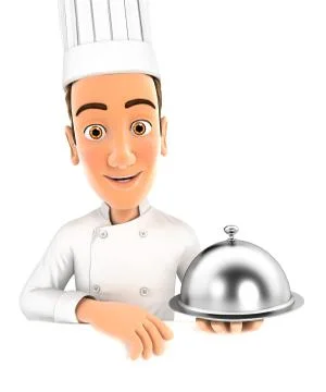 3d head chef holding restaurant cloche Stock Illustration