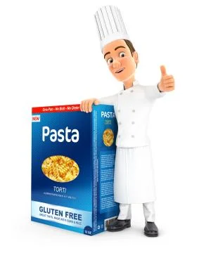 3d head chef next to big pack of pasta Stock Illustration