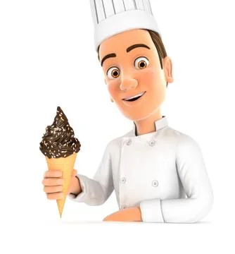 3d head chef presenting chocolate ice cream Illustrazione stock