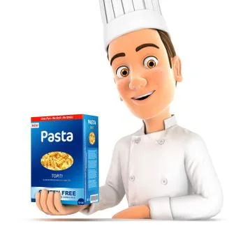3d head chef presenting pack of pasta Stock Illustration