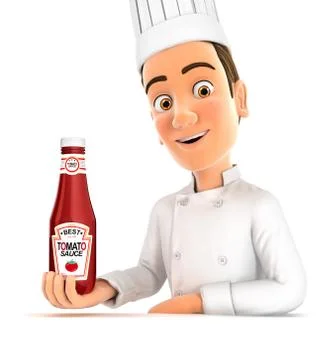 3d head chef presenting tomato sauce bottle Stock Illustration