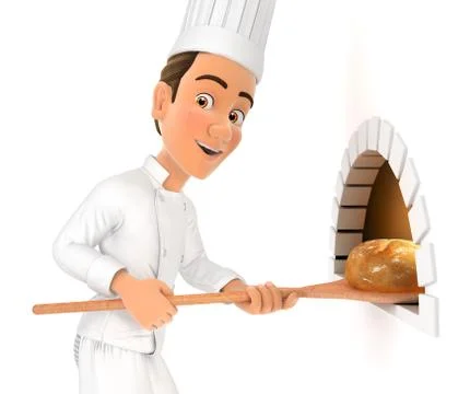 3d head chef putting bread in oven Illustrazione stock