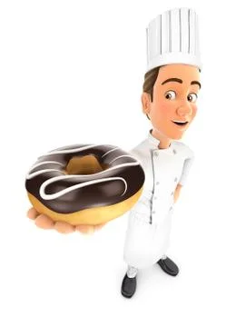 3d head chef standing and holding donut Stock Illustration