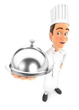 3d head chef standing and holding restaurant cloche Stock Illustration