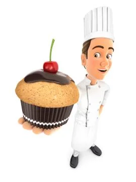 3d head chef standing and holding cupcake Stock Illustration