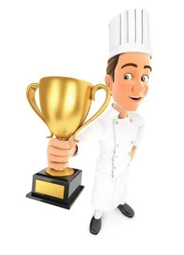 3d head chef standing and holding trophy cup Illustrazione stock