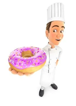 3d head chef standing and holding pink donut Stock Illustration