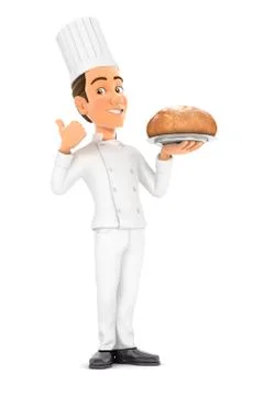 3d head chef standing with bread and thumb up Stock Illustration