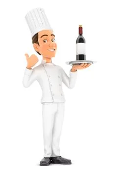 3d head chef standing with wine bottle and thumb up Stock Illustration