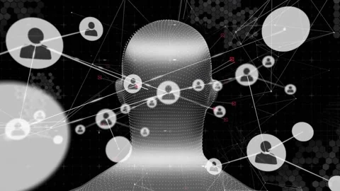 3D head mesh rotating, deploying user icons on hex grid, glitching technology Stock Footage 315792765