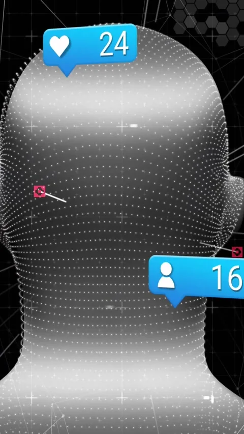 3D head mesh scanline glitch sweeping, rotating as bubbles updating and moving, Stock Footage 330273096