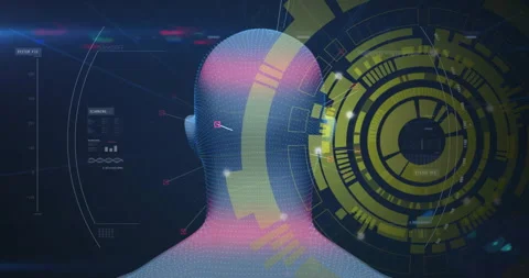 3D head silhouette being visualized with dotted hues while UI elements Stock Footage 307438638