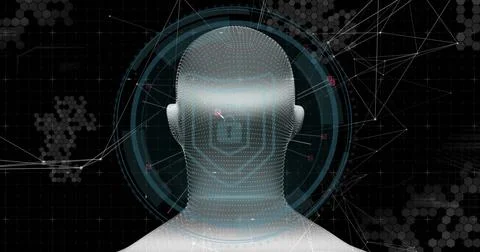 3D head silhouette rotating in virtual interface, with HUD rings, hexagon grid Stock Illustration