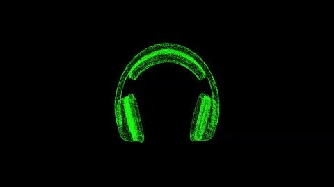 3D headphone on black bg. Object dissolved green flickering particles. Busine Illustrazione stock