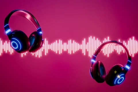 3d headphone with sound wave on blue background 3D render Illustrazione stock
