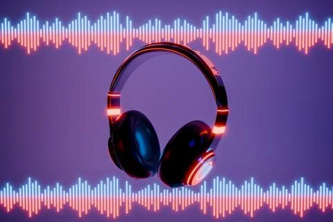 3d headphone with sound wave on blue background 3D render Illustrazione stock