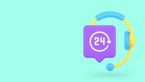 3d headset with a 24-hour icon for customer support concepts. Minimalist cart Illustrazione stock