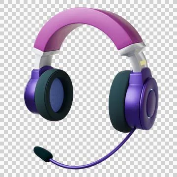3D headset is being shown on transparent background, featuring purple earcups, Stock Illustration