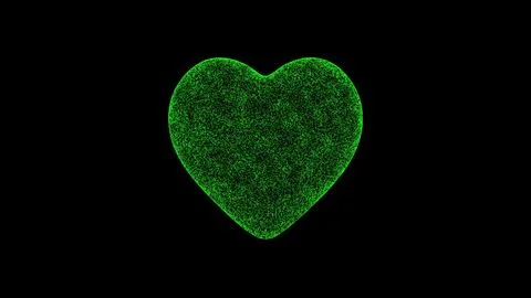 3D heart on black bg. Object dissolved green flickering particles. Business.. Ilustração Stock