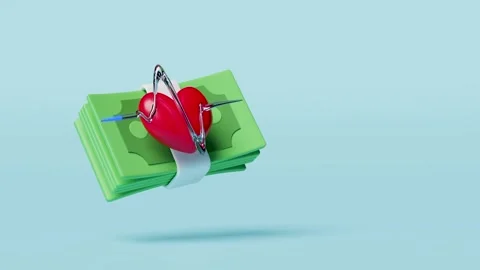 3d heart with heartbeat, banknote stack isolated on blue background. financ.. Stock Footage 306651174