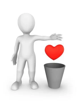 3d heartless man isolated on white background throws heart into a recycle bin Stockillustratie