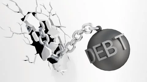 A 3d heavy "DEBT" wrecking ball smashing into a cracked surface. Stock Illustration