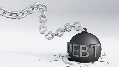 A 3d heavy "DEBT" wrecking ball smashing into a cracked surface. Stock Illustration