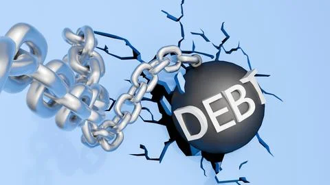 A 3d heavy "DEBT" wrecking ball smashing into a cracked surface. Stock Illustration