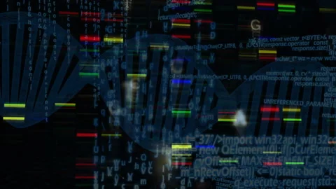 3D helix animating with scrolling code and sliding bars on diagram overlay for Stock Footage 310657984