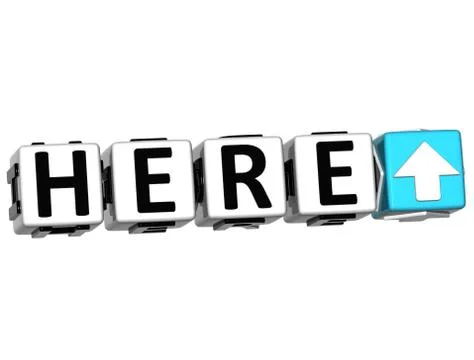 3d here navigation button cube text Illustrazione stock