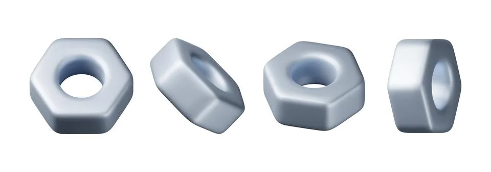3D Hex Nuts Screw Set Isolated on White Ilustração Stock