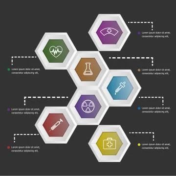 3D hexagon shape infographic on black background Stock Illustration