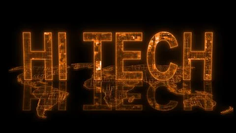 3d HI tech text technology earth map glowing orange Stock Illustration