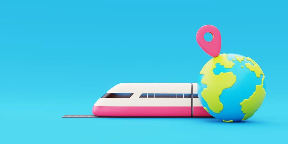 3D high-speed train with globe and location pin, Ocean transport, Tourism a.. Stock Photos