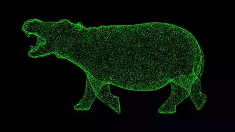 3D hippopotamus on black background. Object made of shimmering particles. Wil Illustrazione stock