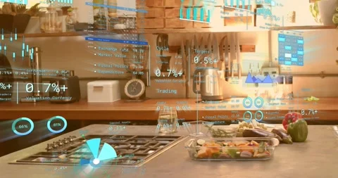 3D hologram node materializing over cooktop and pulsing while projecting Video stock 316888106