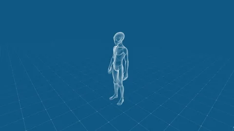 3D Holographic Alien Model on Blue Grid Background Stock Footage 342003697