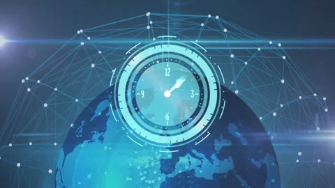 3D holographic clock interface glowing over Earth globe, radiating network nodes Stock Footage 309108936