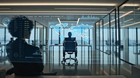 3D holographic displays floating tech notes and graphs in a modern office. Stock Footage 311643800