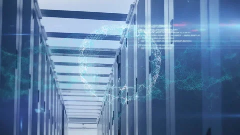 3D holographic globe floating in server corridor, showing glowing nodes and code Stock Footage 309103367