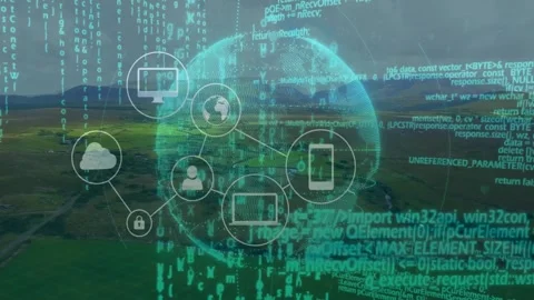 3D holographic globe network overlay gliding over farmland, featuring tech icons Stock Footage 329169787