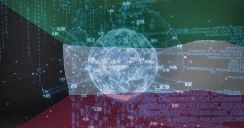 3D holographic globe rotating over Kuwaiti flag backdrop, floating code snippets Stock Footage 309035895