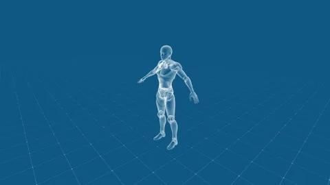 3D Holographic Human Model in Blue Digital Grid Environment Stock Footage 342006553