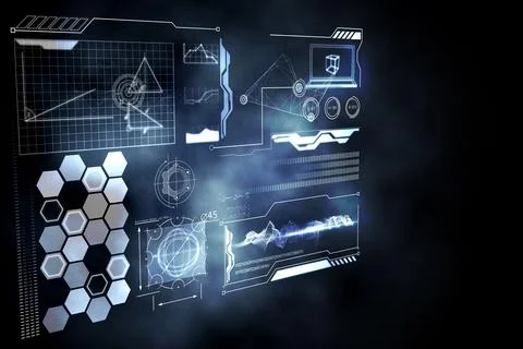 3D holographic interface is floating in dark void, showing data charts and cube 스톡 일러스트