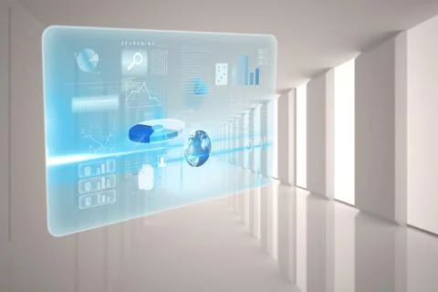 3D holographic interface is floating in high-tech hall displaying charts, globe, Illustrazione stock