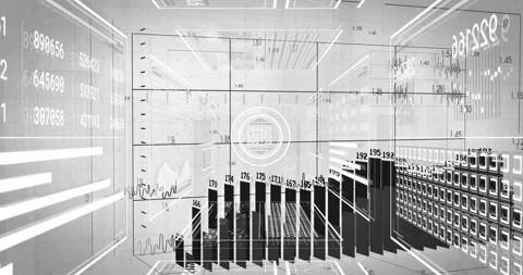 3D holographic interface projecting floating bar charts numeric gauges and Stock Footage 309110005