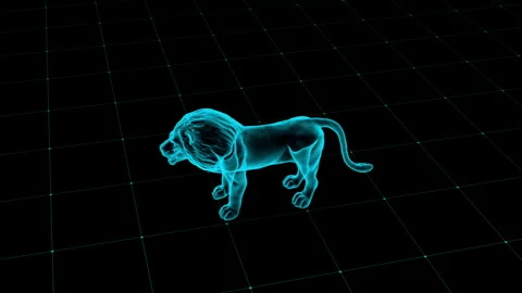 3D Holographic Lion on Digital Grid Background with Neon Blue Aesthetic 库存影片 344032458